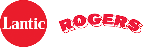 Lantic in white text on a red circle, Rogers in red, outlined text, on white background.