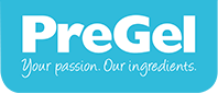 PreGel logo on a blue background, white text reads 