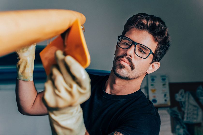 Man with black rimmed glasses