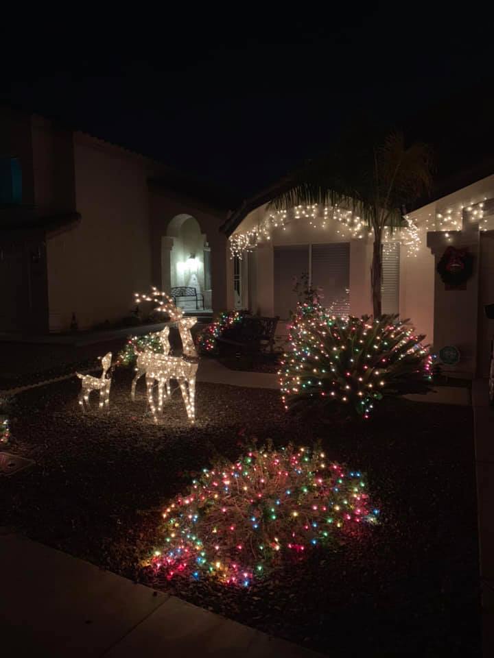 Nighttime house decorated with glowing holiday lights, including a lit reindeer and colorful bushes.