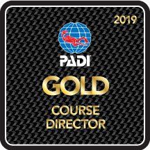 PADI Gold Course Director 2019 badge with a globe logo and