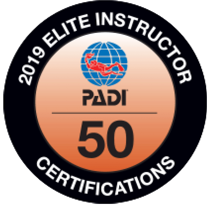 2019 PADI Elite Instructor badge with globe, diver, and