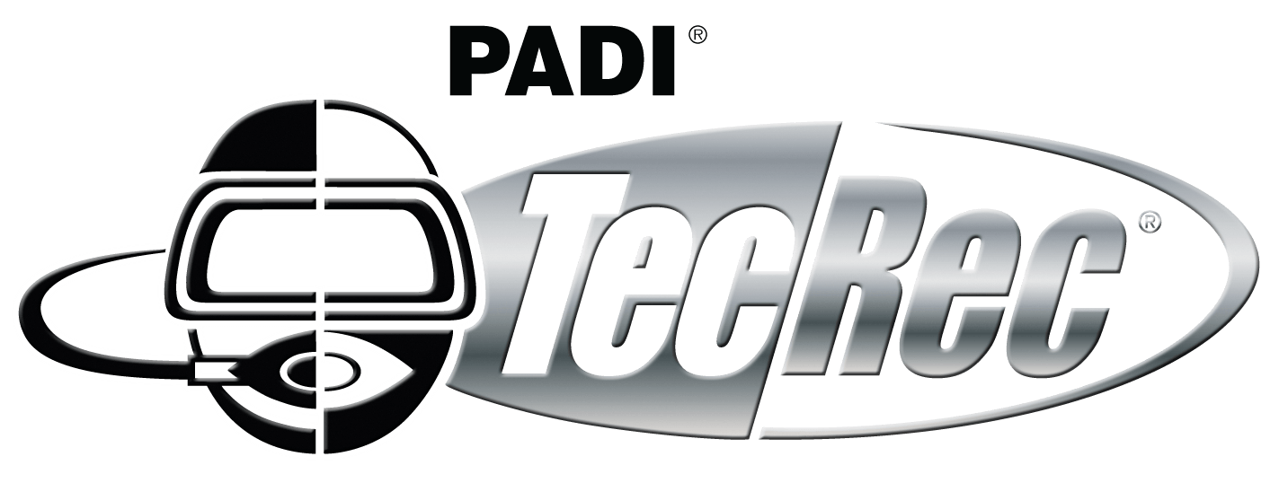 PADI TecRec logo. Scuba mask graphic, silver TecRec text.