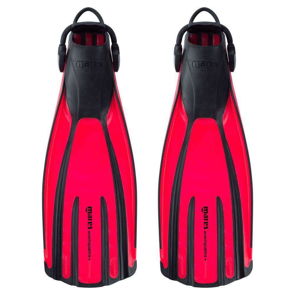 Pair of red and black Mares Avanti Quattro Plus dive fins.