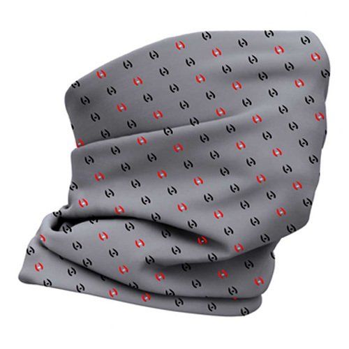 Gray neck gaiter with repeating pattern of black and red abstract shapes.