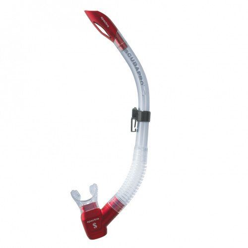 Red and clear ScubaPro snorkel with flexible tube and mouthpiece, attached with a black clip.