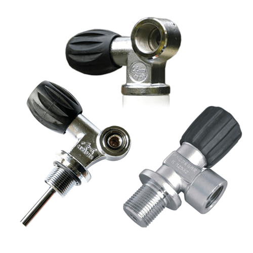 Three scuba tank valves with black knobs.