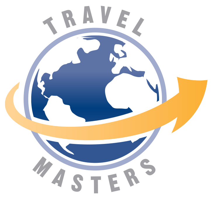 Travel Masters logo: globe with blue landmass, gold arrow, gray text.
