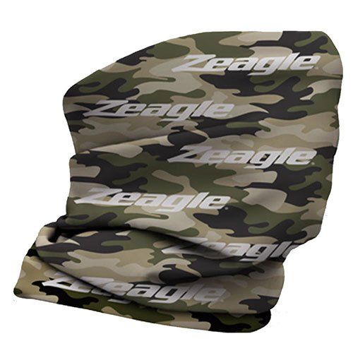 Camo-patterned Zeagle neck gaiter, folded; shades of green, brown, and white.