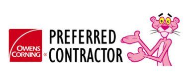 Owens Corning Preferred Contractor logo with pink Pink Panther mascot reclining beside text
