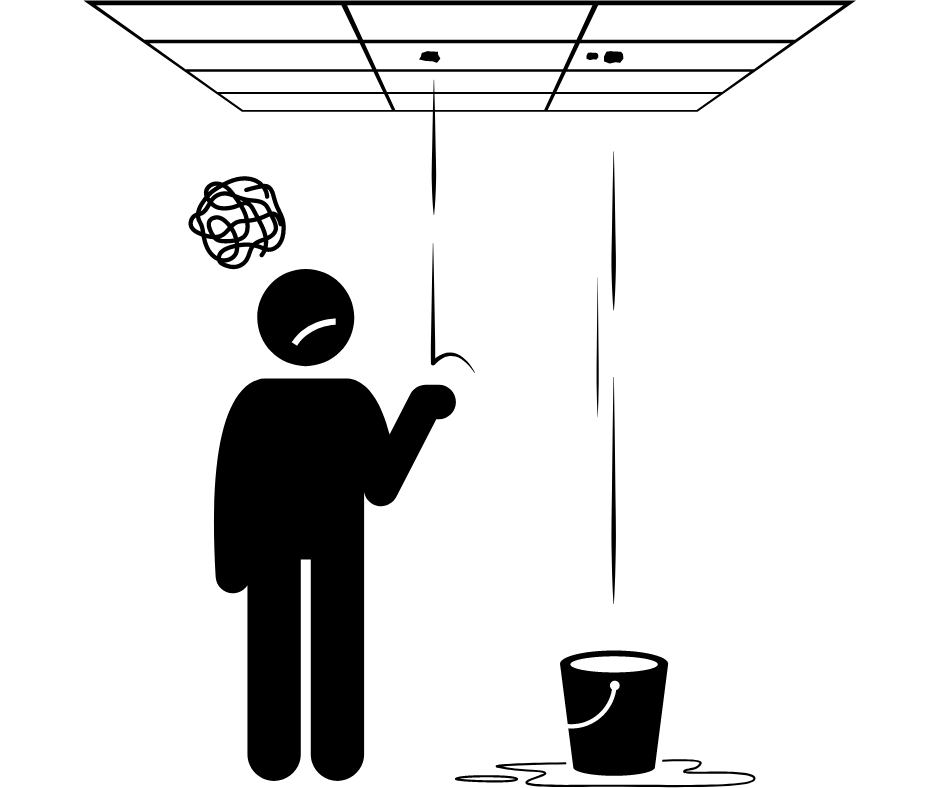 Black stick figure under a leaking ceiling reaching toward a bucket on the floor.