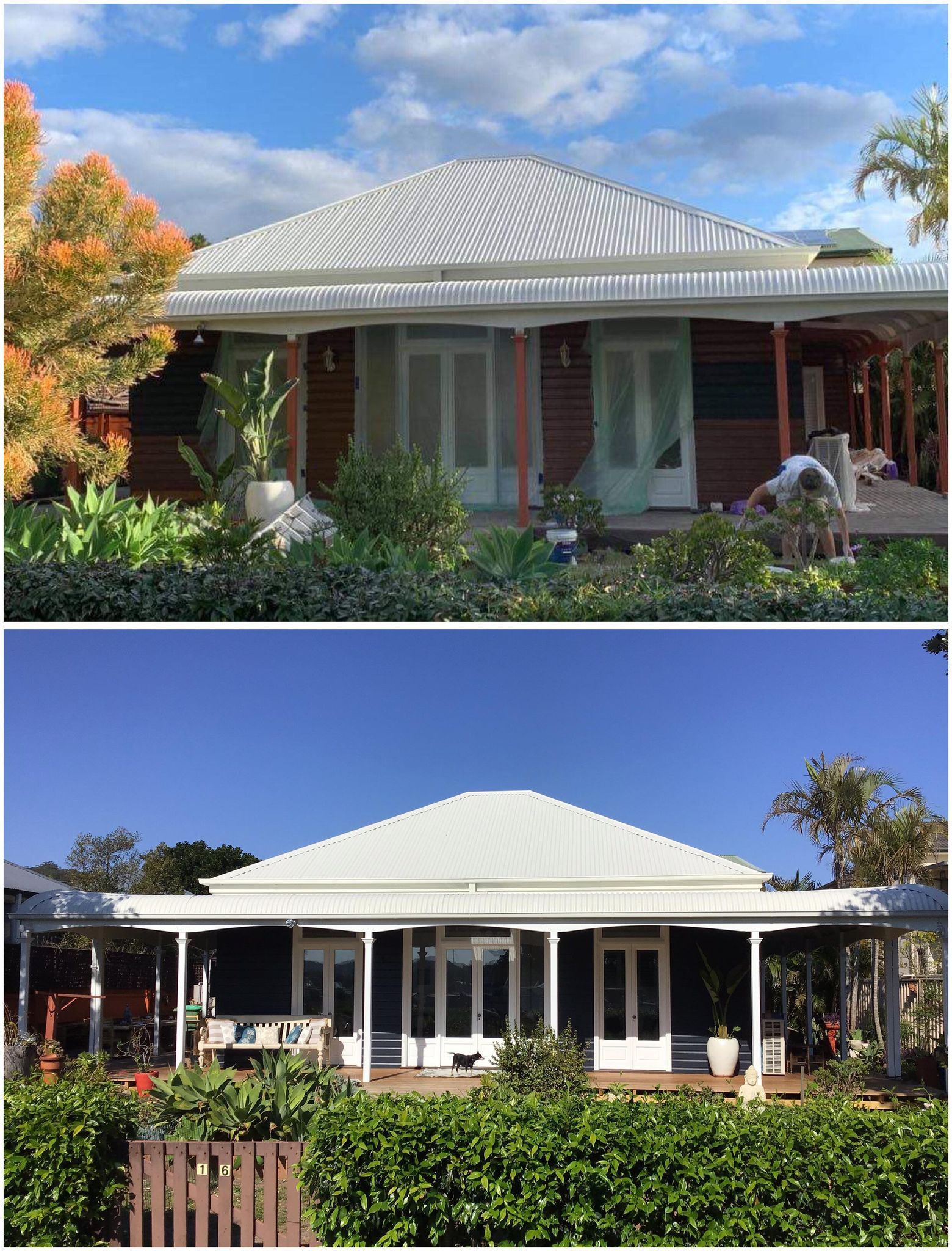 Two photos of a house: top one brown, bottom one blue, both with white roof and porch, surrounded by greenery.