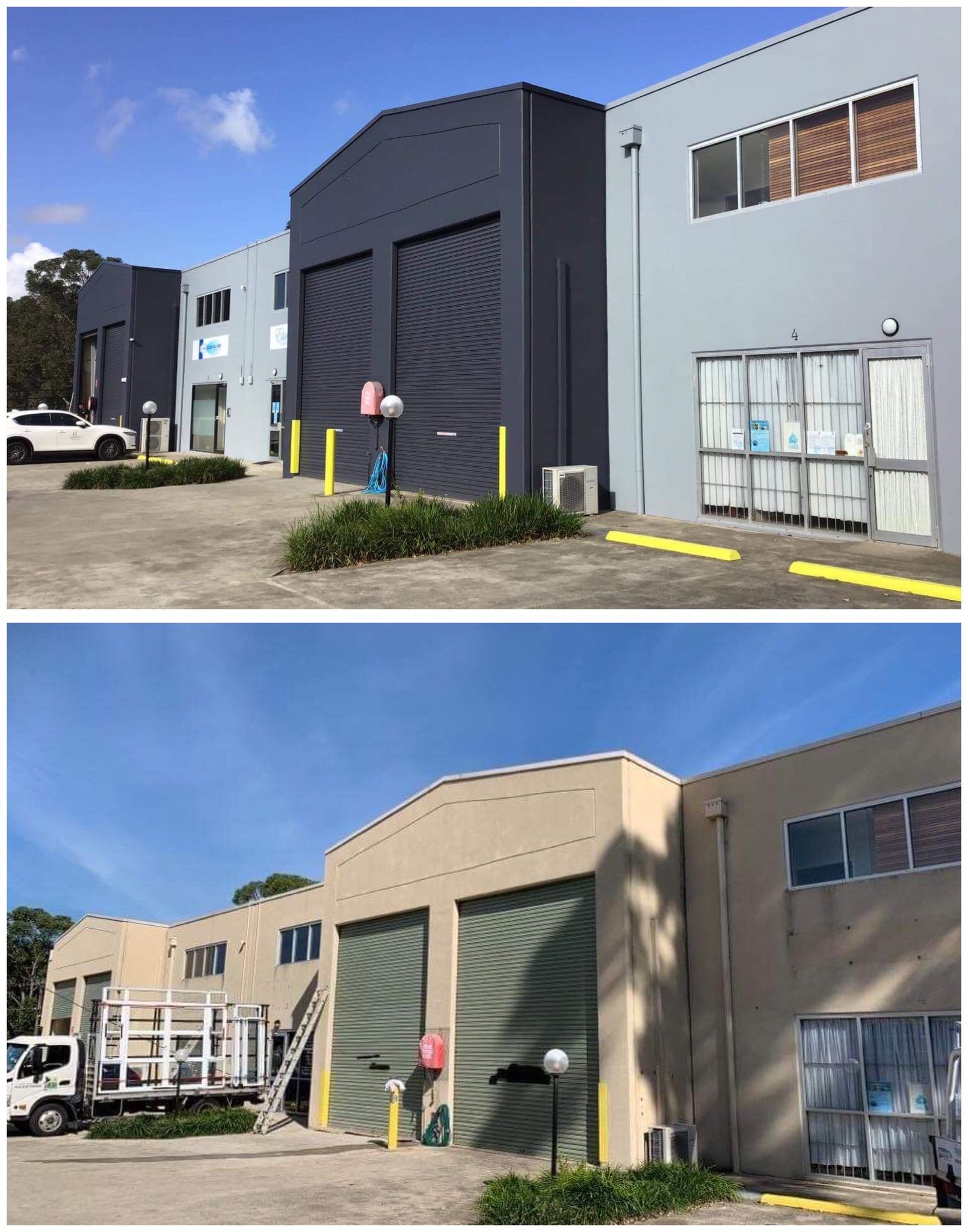 Top: Gray/black industrial buildings with roll-up doors, parked car. Bottom: Same buildings, repainted tan, truck & ladder.