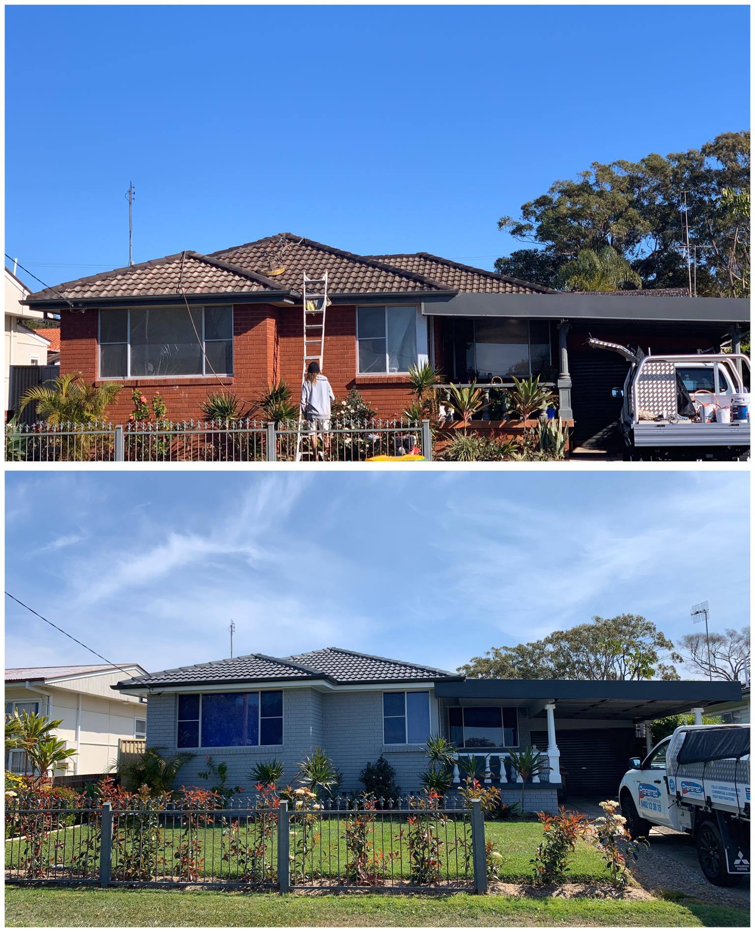 Top: House being painted red to gray. Bottom: Painted house.