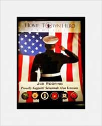 Roofing — JCB Roofing Hometown Hero Project in Savannah, GA A man in military uniform salutes in front of an American flag;