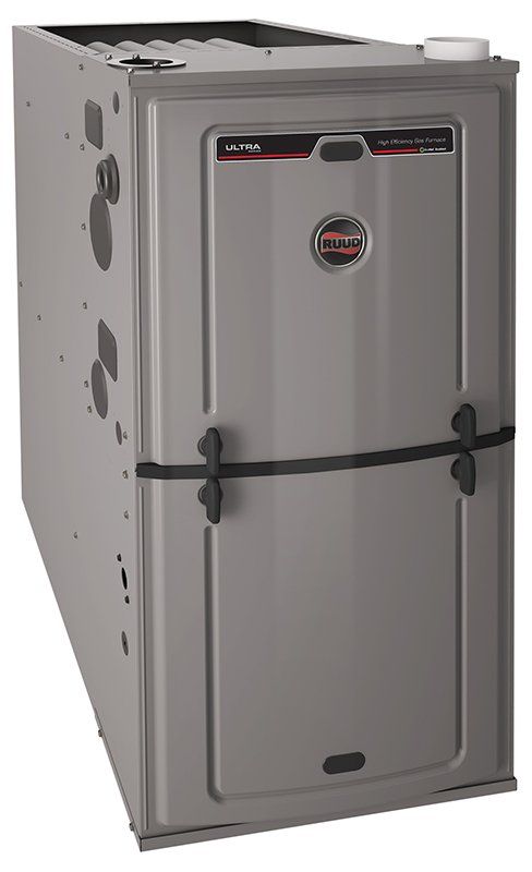A gray Ruud brand residential gas furnace standing upright against a white background.