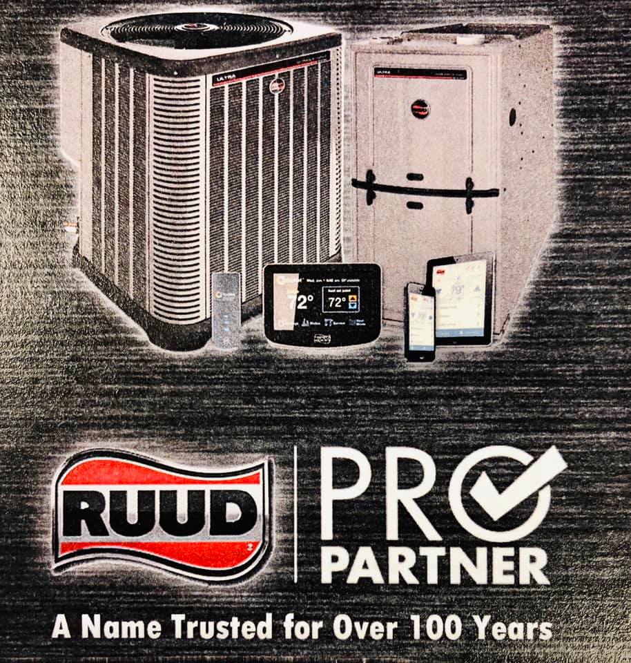 Ruud heating and cooling equipment, including a condenser, furnace, and smart thermostat, with the text 