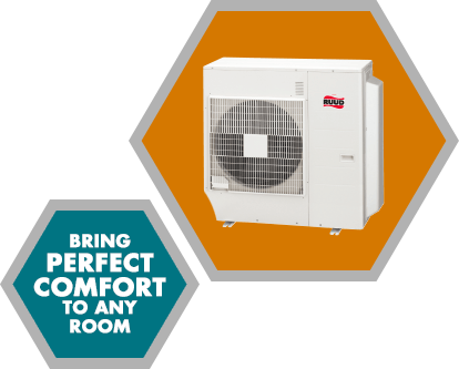 A white outdoor HVAC unit inside an orange hexagon next to a teal hexagon with the text 