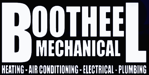 Logo for Bootheel Mechanical, featuring bold white text on a black background, listing heating, AC, electric, and plumbing.