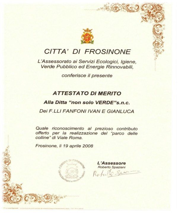 Attestato di merito del Comune di Frosinone, Italia, conferito nel 2009 alla ditta