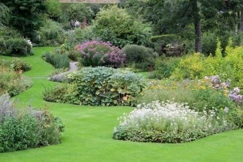 Un giardino lussureggiante caratterizzato da un sentiero curvilineo, aiuole con piante verdi e viola e alberi circostanti.
