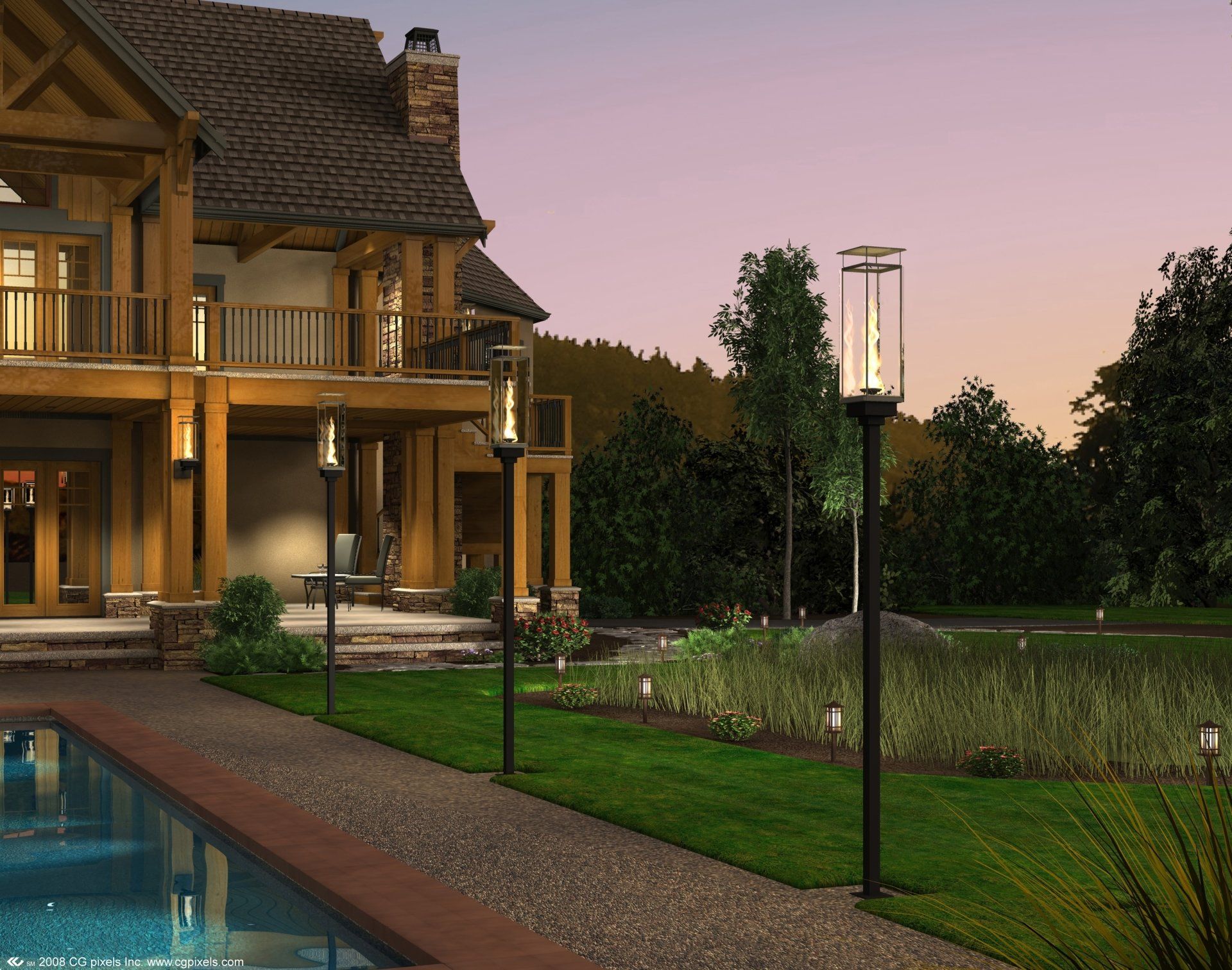 Exterior view of a luxury home at dusk, featuring a pool and gas lamps lining a pathway.