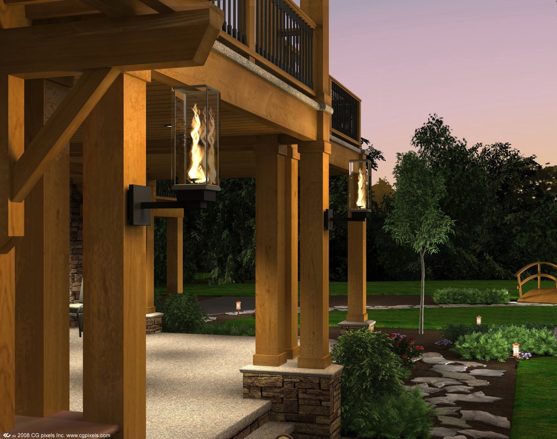 Outdoor wooden patio with torch lights, stone accents, and garden at dusk.