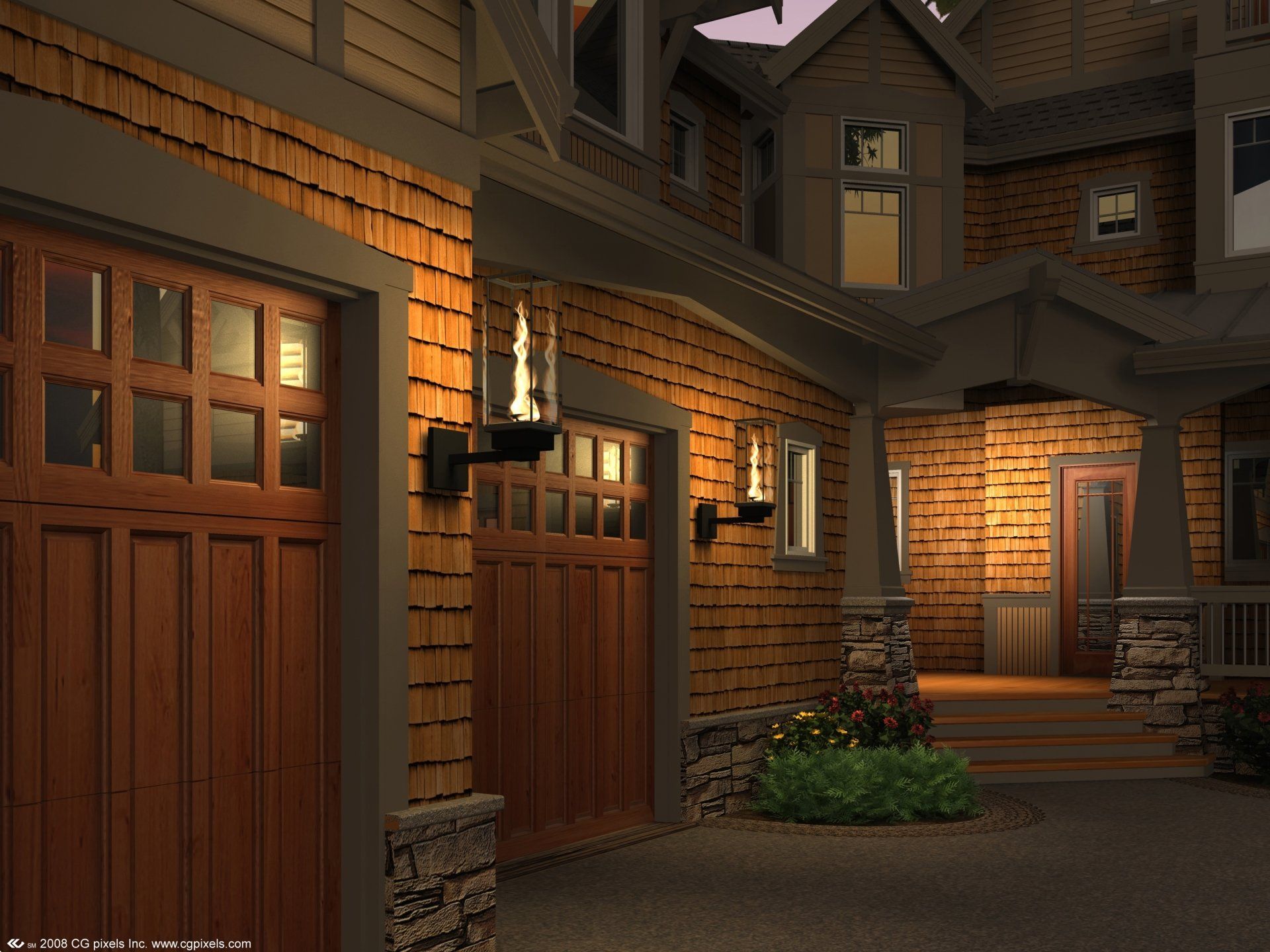 Exterior view of a house with two wooden garage doors, illuminated by warm lighting.