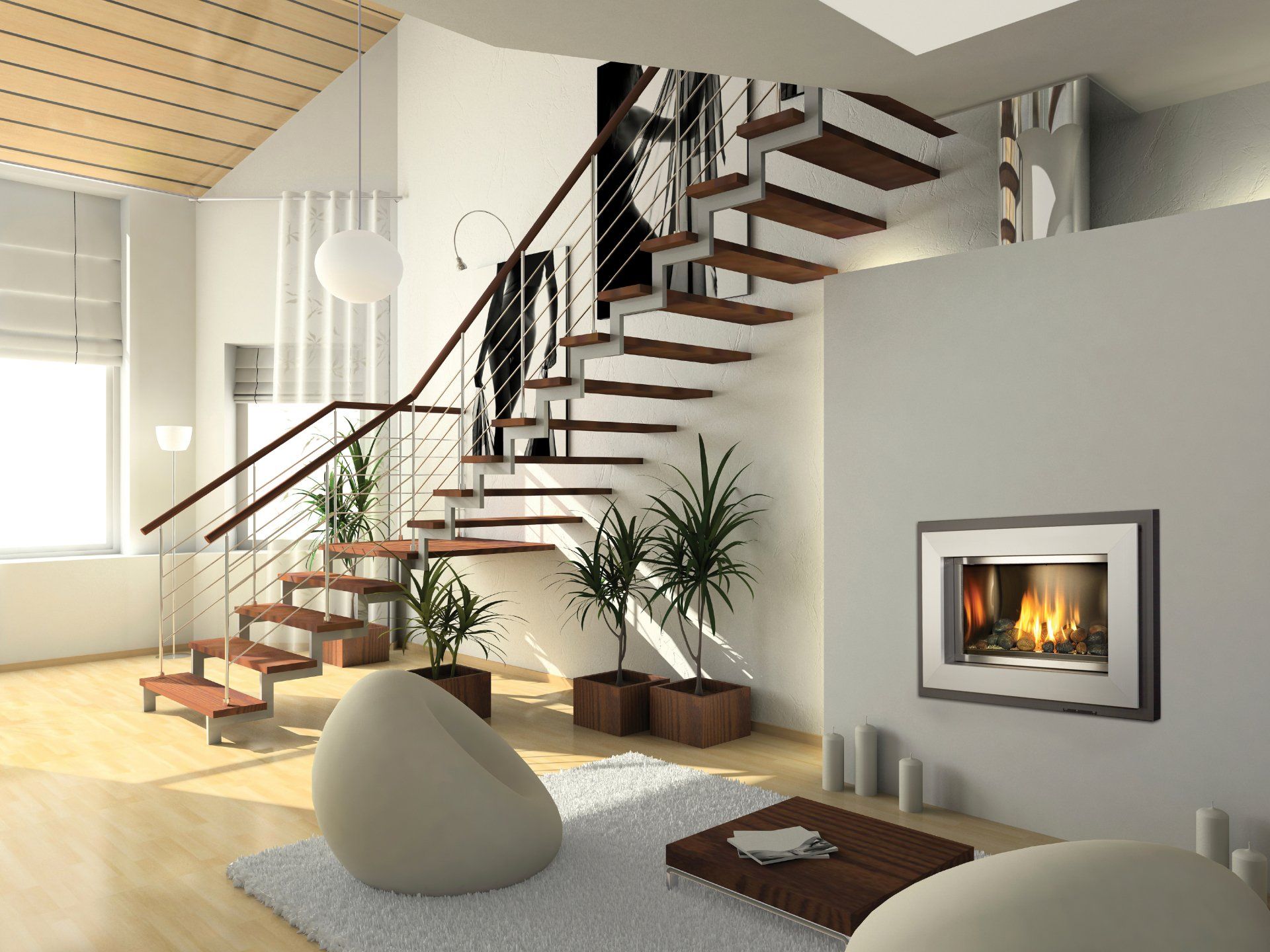Modern living room with floating stairs, fireplace, and plants; wood and white tones.