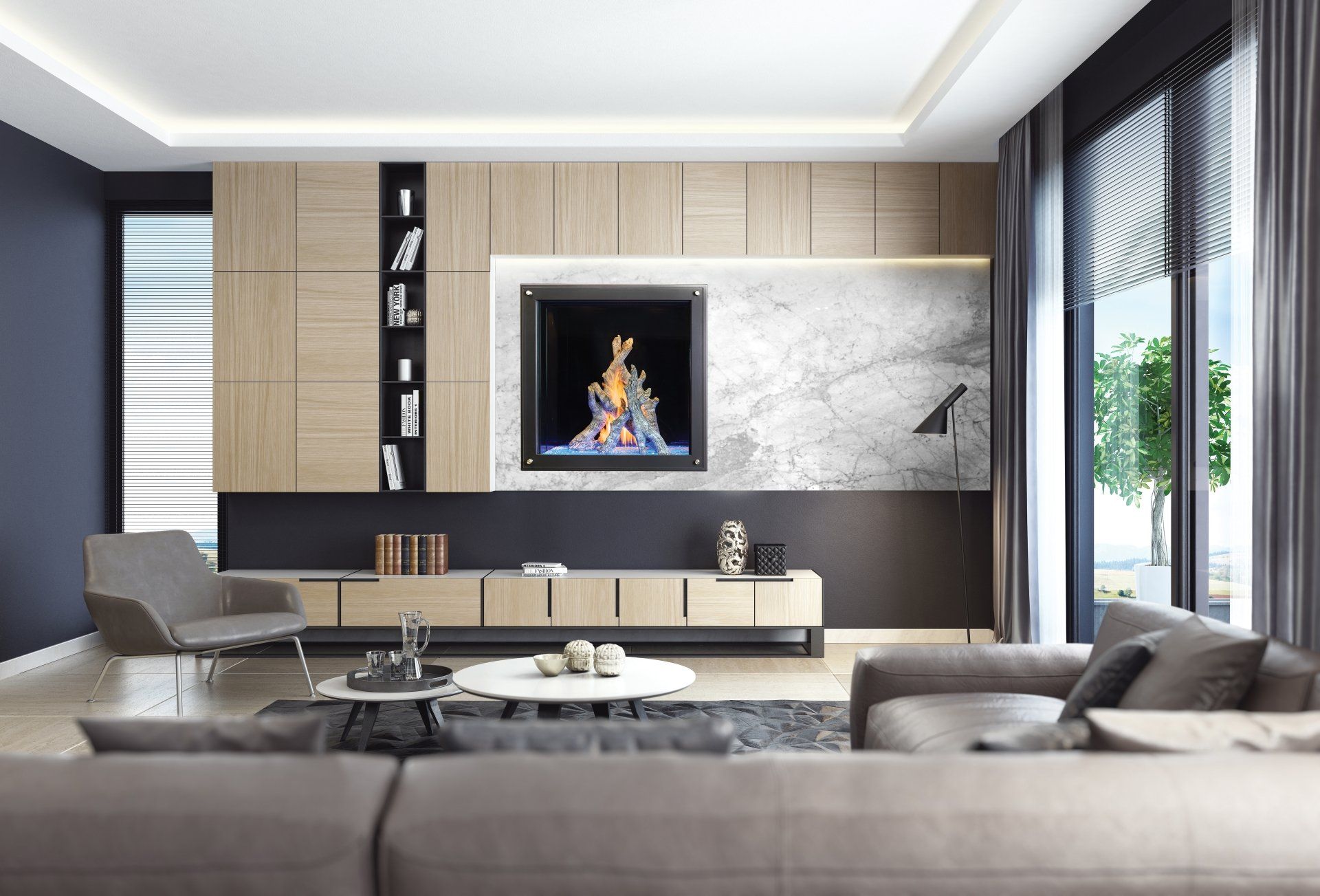 Modern living room with fireplace, built-in shelving, marble wall, and large window with view.