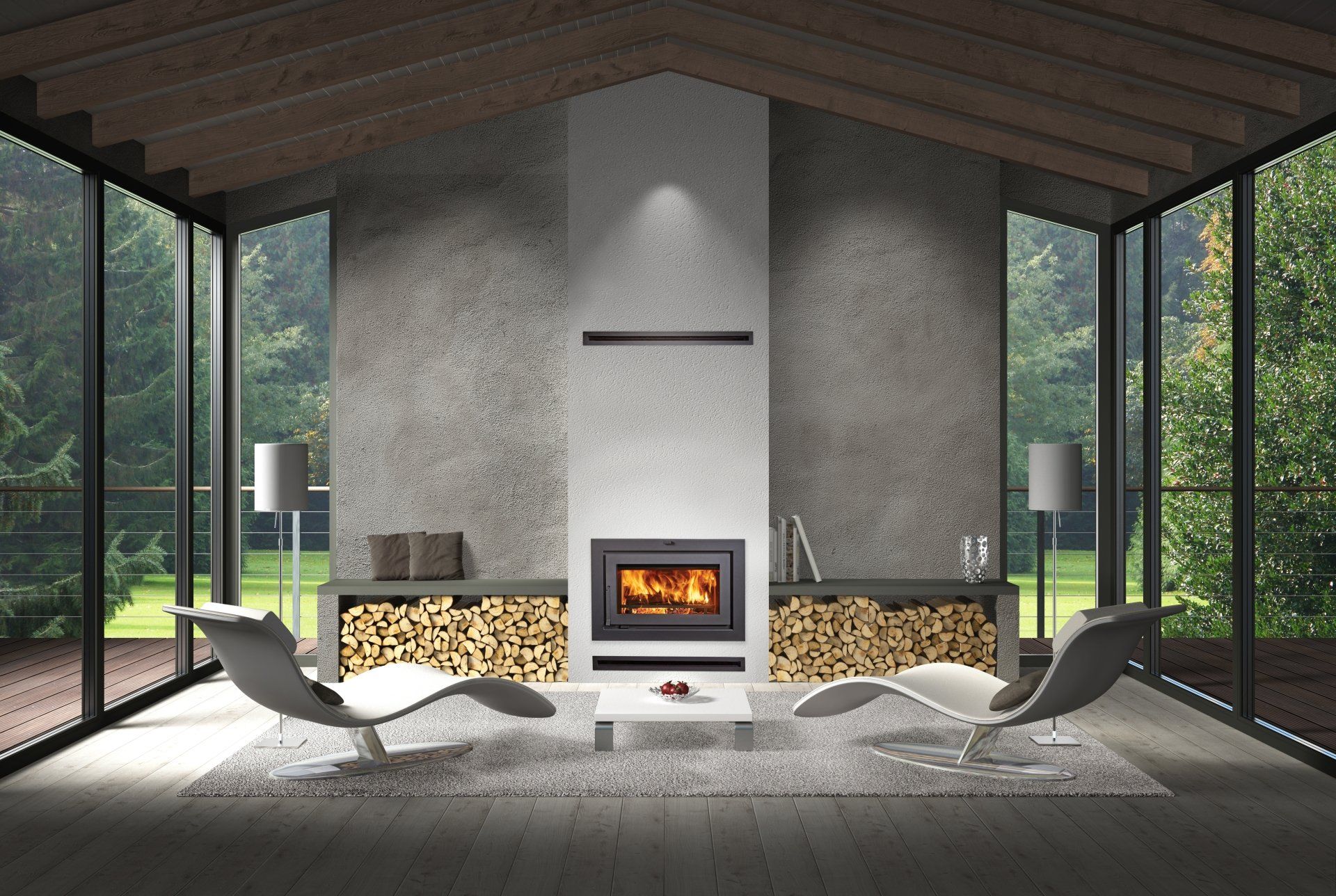 Modern living room with fireplace, glass walls, and lounge chairs; logs stored below.