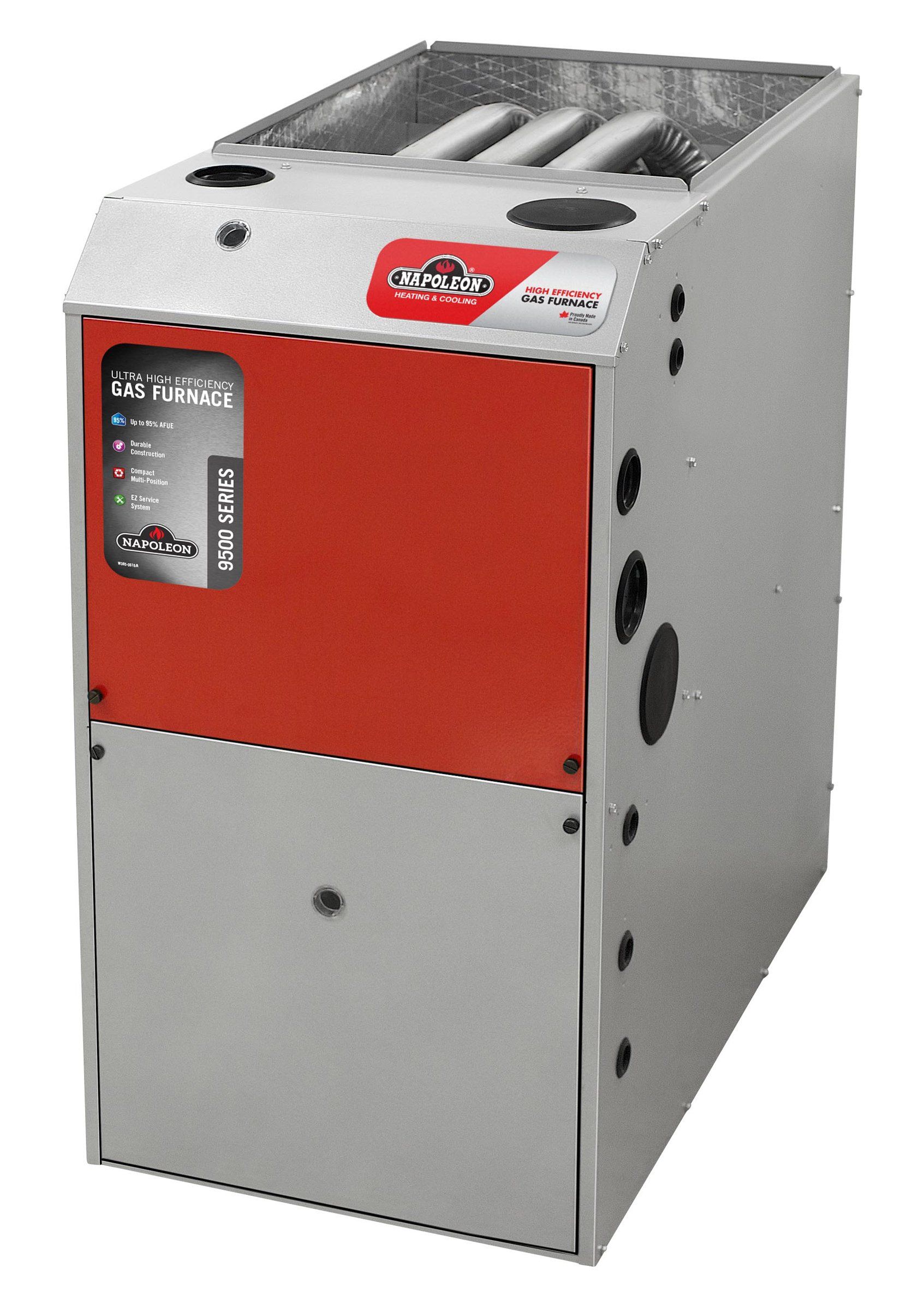 Gas furnace with a red front panel and silver sides.