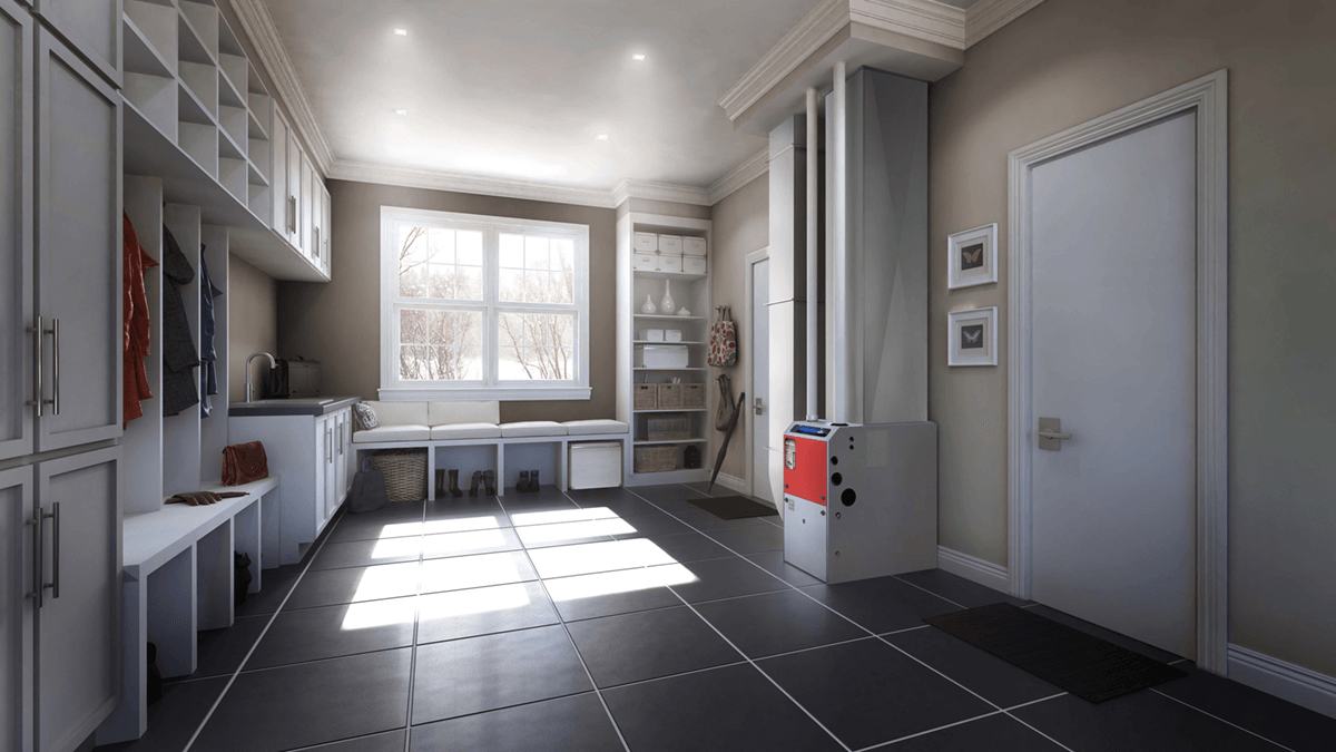 Mudroom with built-in storage, white cabinets, and a window with a snowy view. A large metal unit is present.