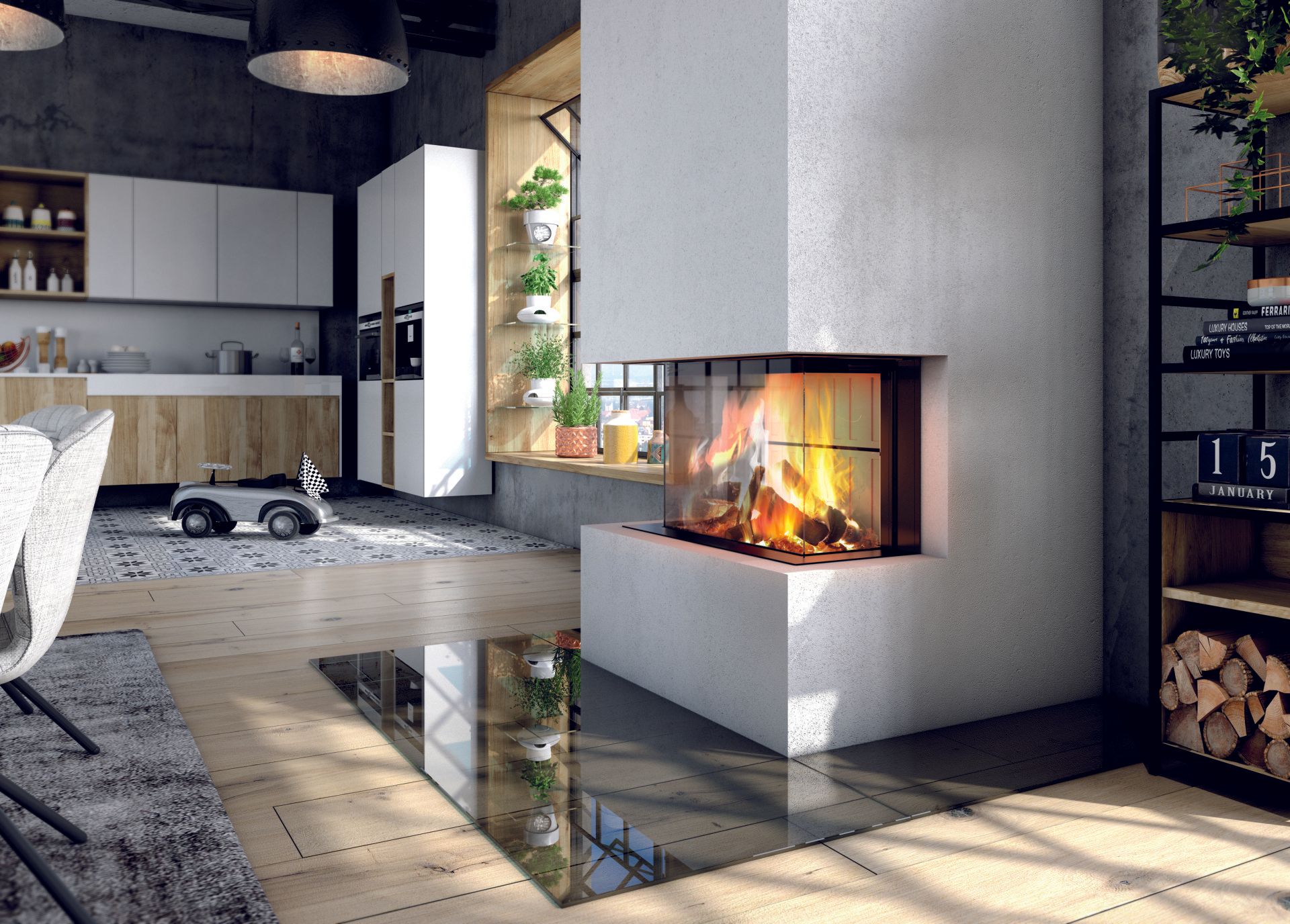 Modern living room with fireplace, kitchen in background. Fire lit in fireplace.