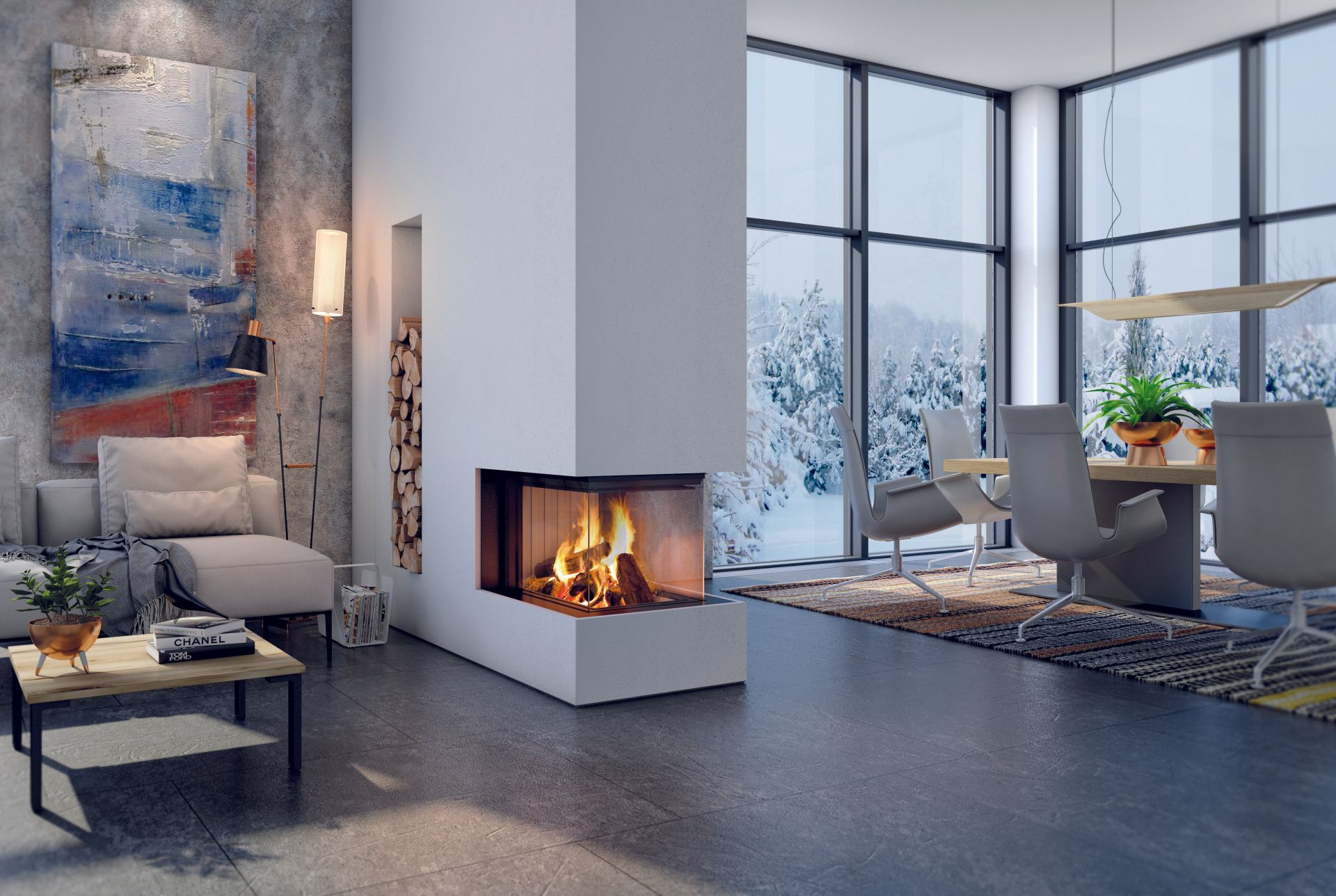 Modern living room with fireplace, snowy view, art, seating, and dining area.