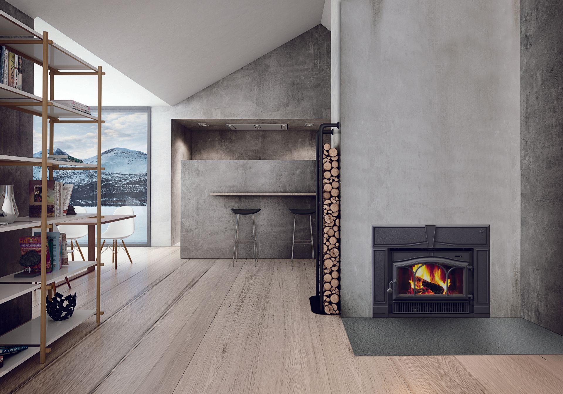 Modern living room with fireplace, wood floor, bookshelf, mountain view through window.