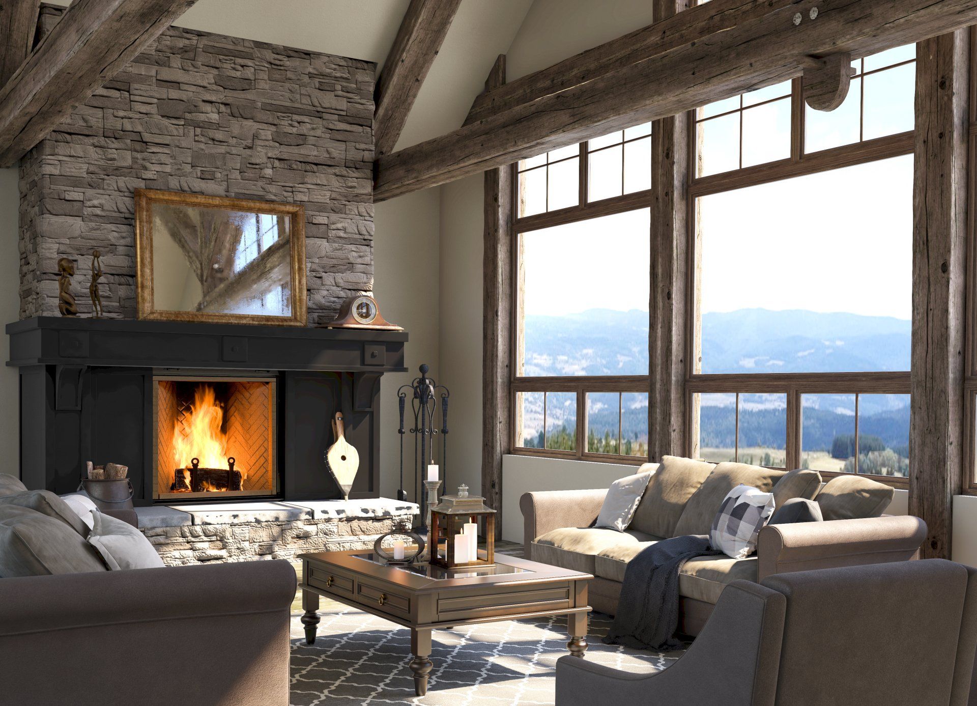 Cozy living room with fireplace, stone wall, large windows overlooking mountain view, and rustic wooden beams.
