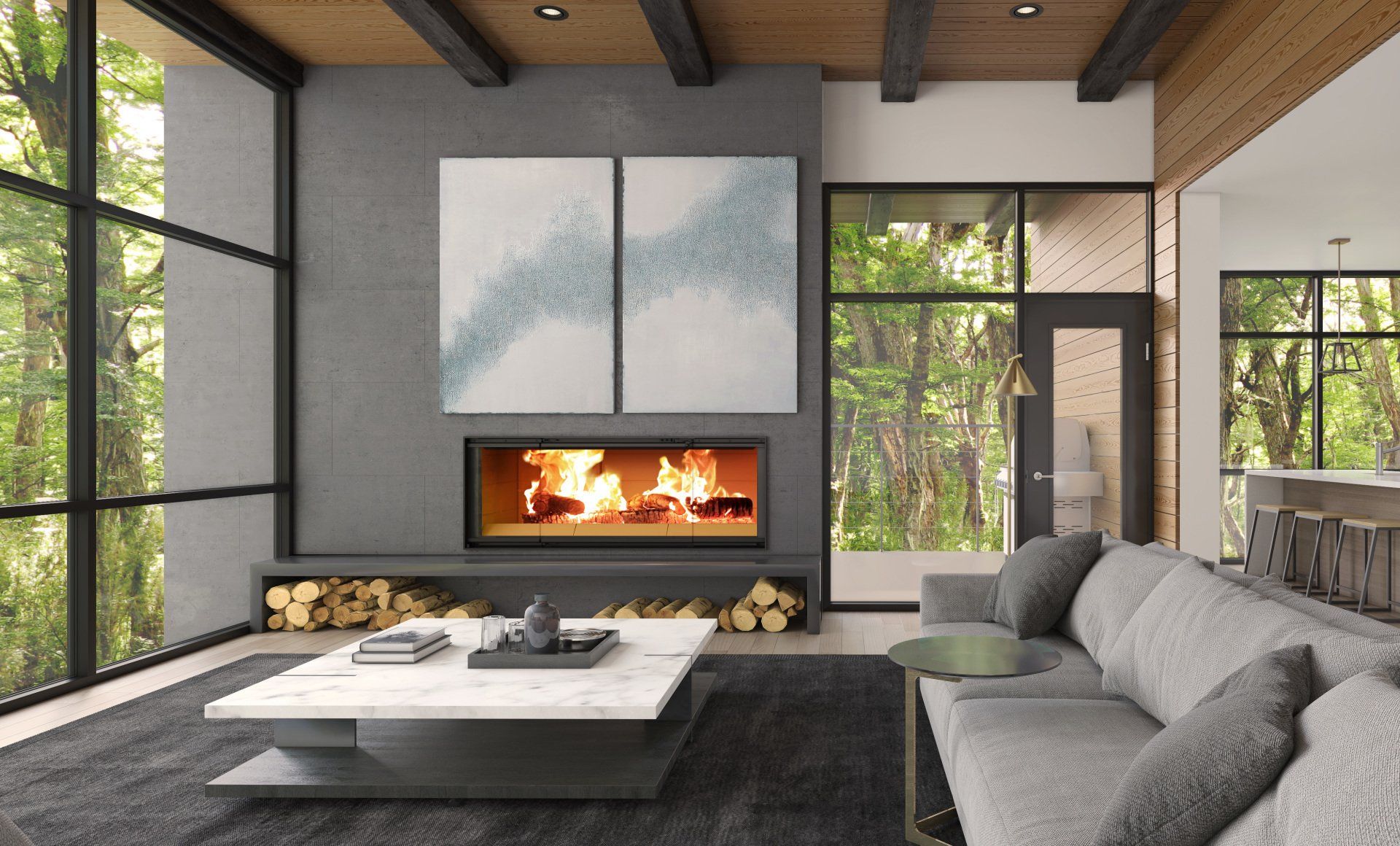 Modern living room with fireplace, artwork, and large windows overlooking trees.