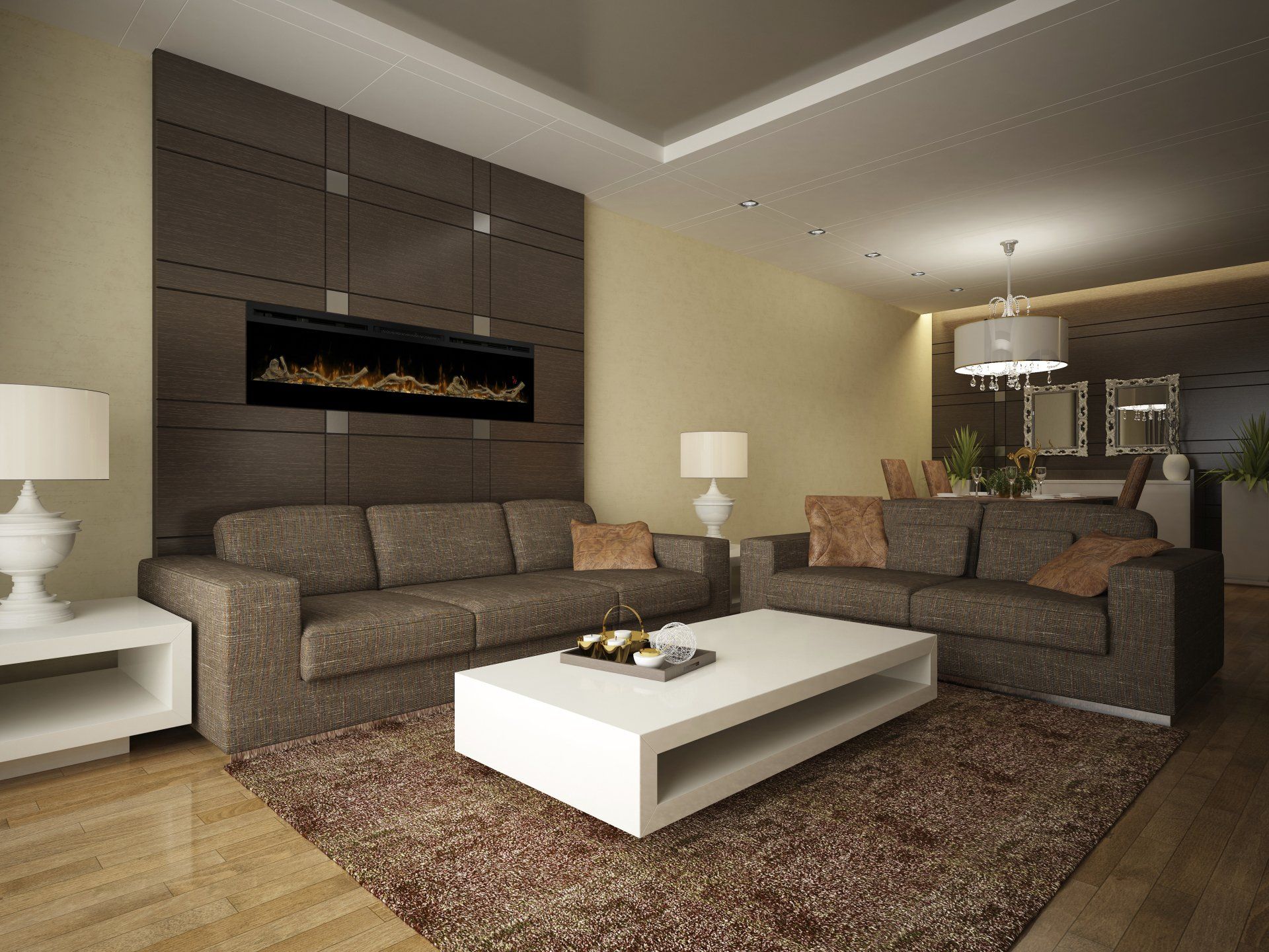 Modern living room with brown sofas, fireplace, and white coffee table.
