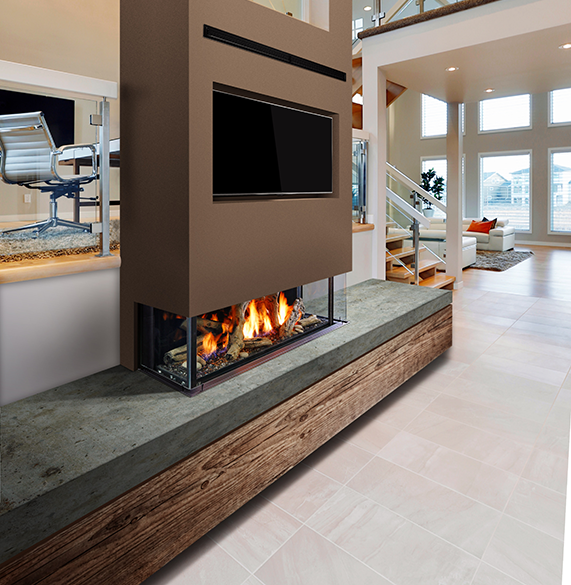 Modern living room with a fireplace, TV, and stairs. The fireplace has flames.