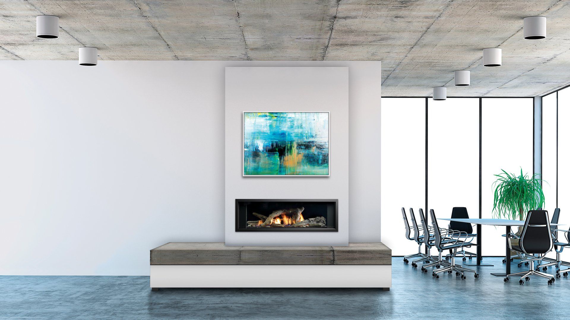 Modern office with fireplace, artwork, and conference table near large windows.