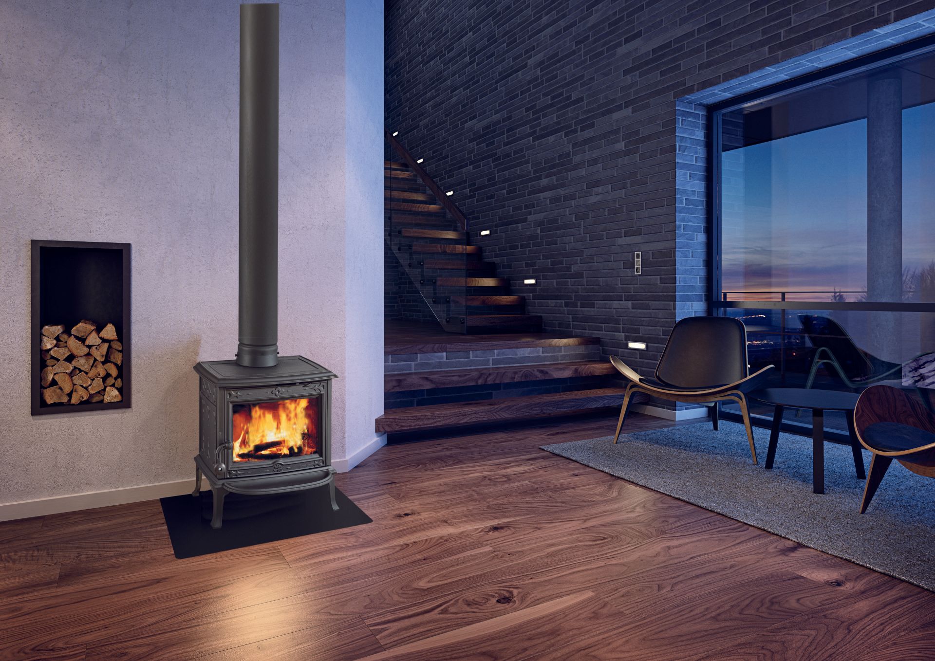 Cozy living room with wood-burning stove, flames visible. Firewood niche on wall. Dark wood floors, modern chairs, large window.