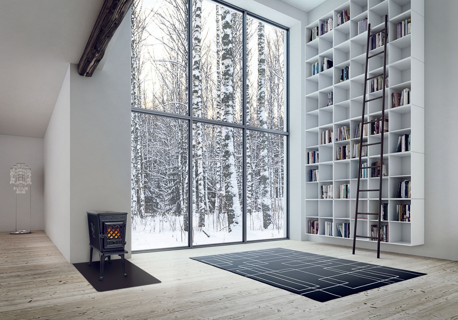 Modern room with large window overlooking snowy trees, built-in bookshelves, and a black rug.