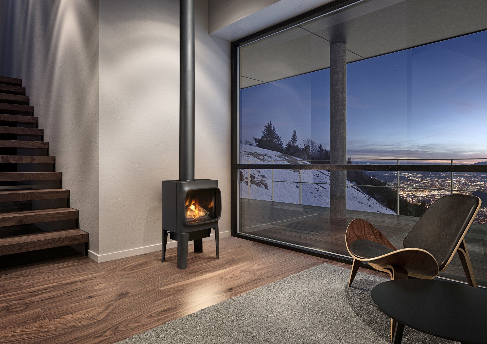 Modern living room with a black fireplace, window, stairs, and a chair with an outdoor view.