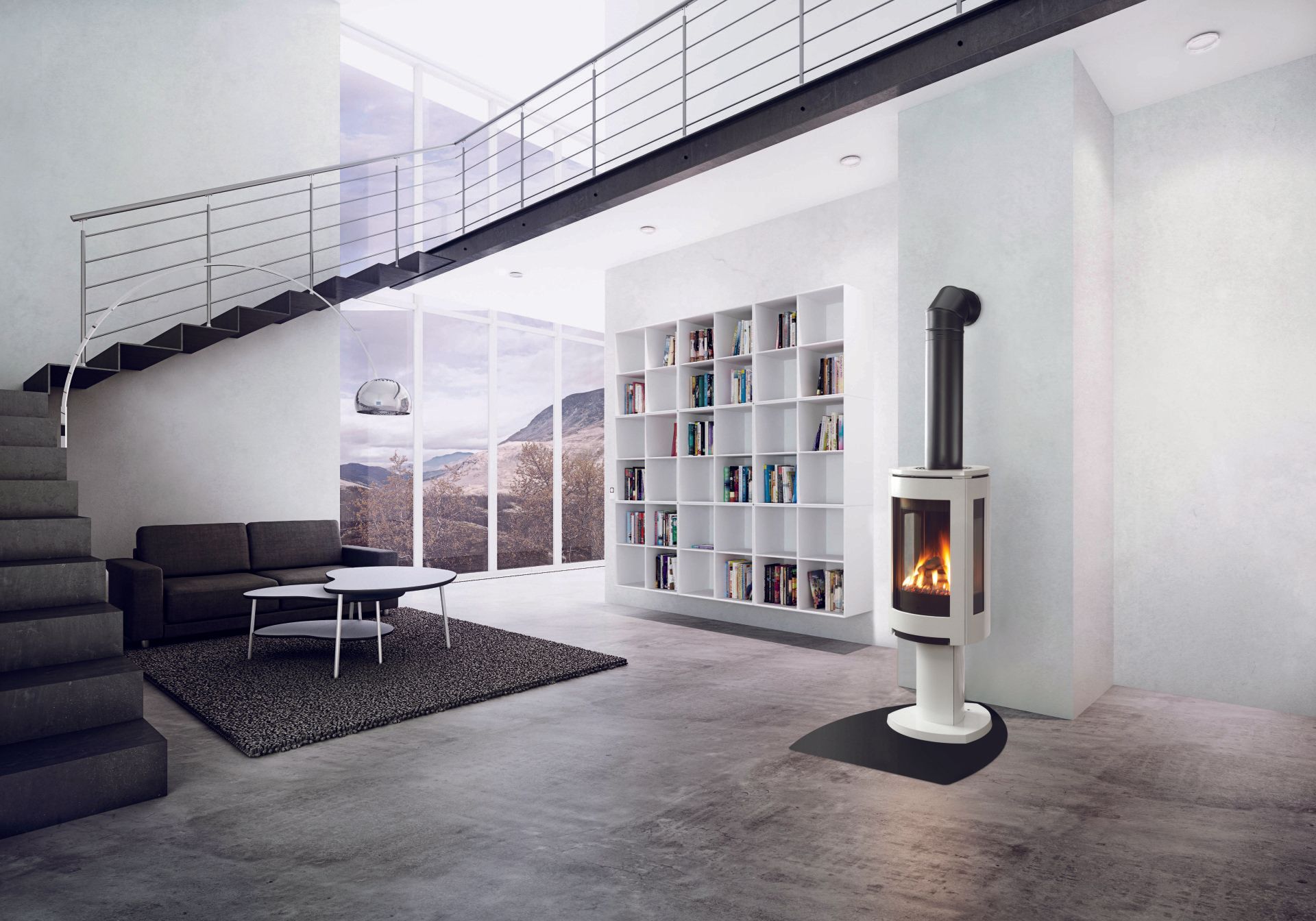 Modern white living room with fireplace, bookshelves, staircase, and mountain view through large windows.