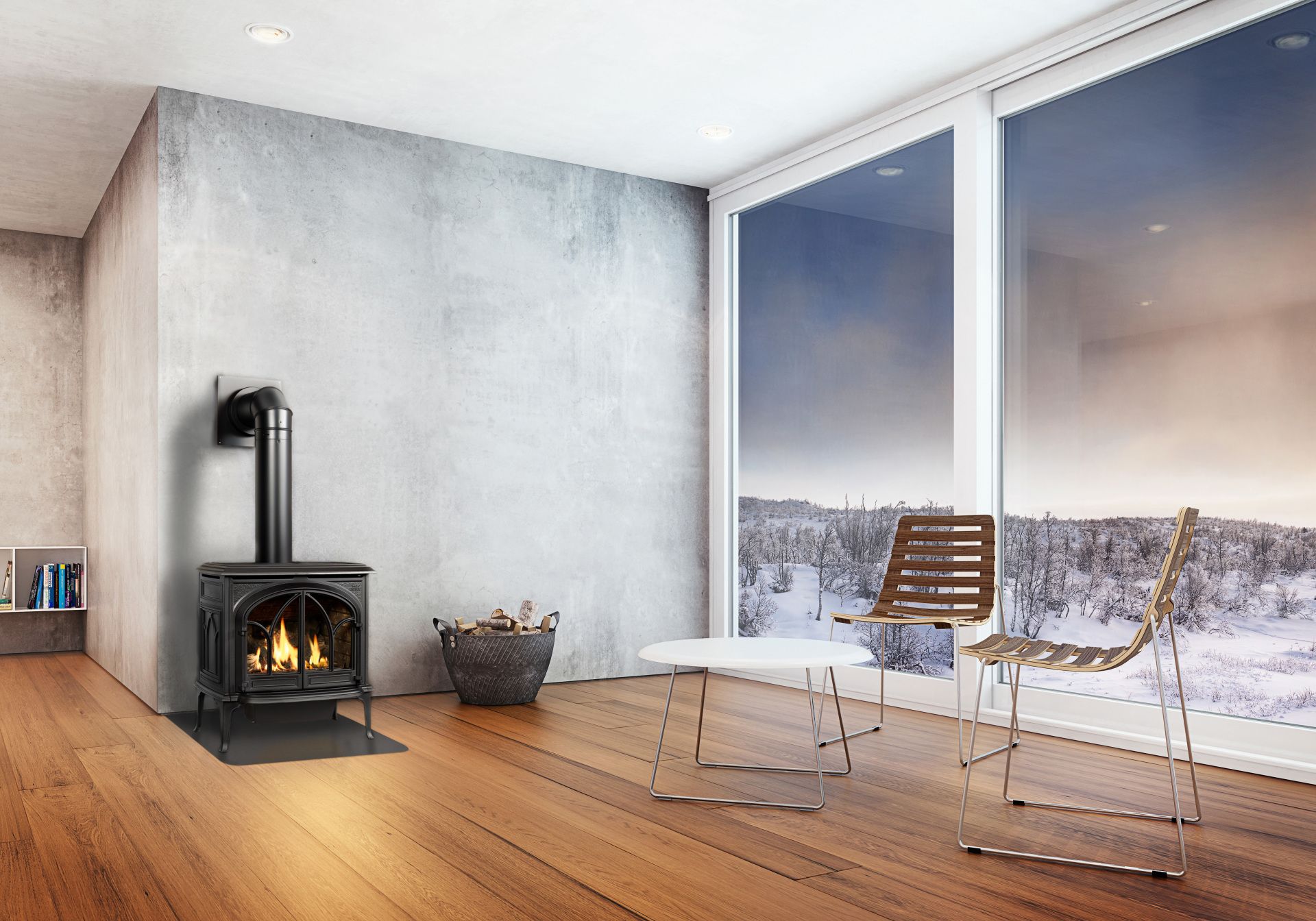 Fireplace in modern room with large window overlooking snowy landscape. Two chairs, small table.
