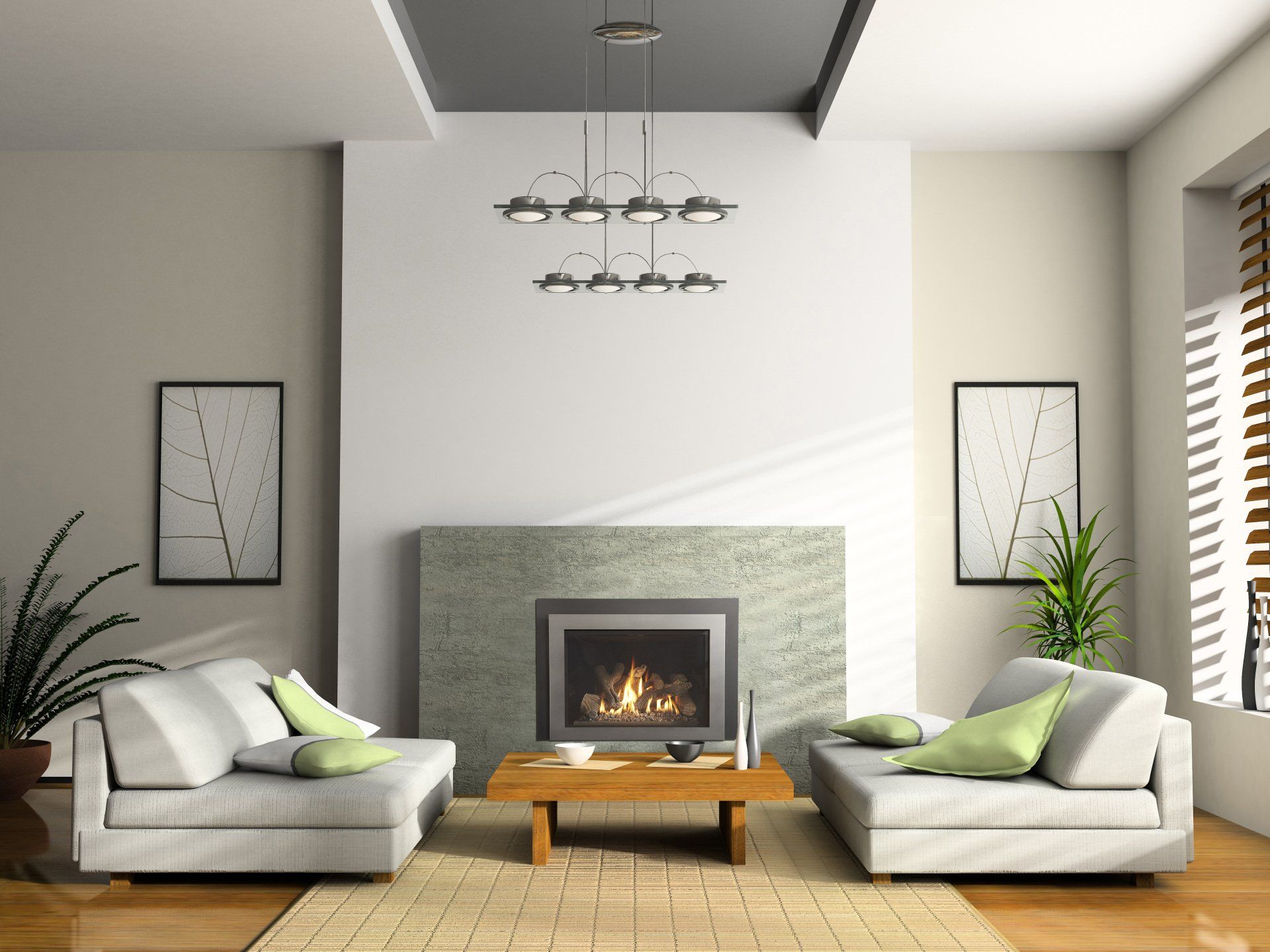 Modern living room with fireplace, two couches, art, and light fixtures.