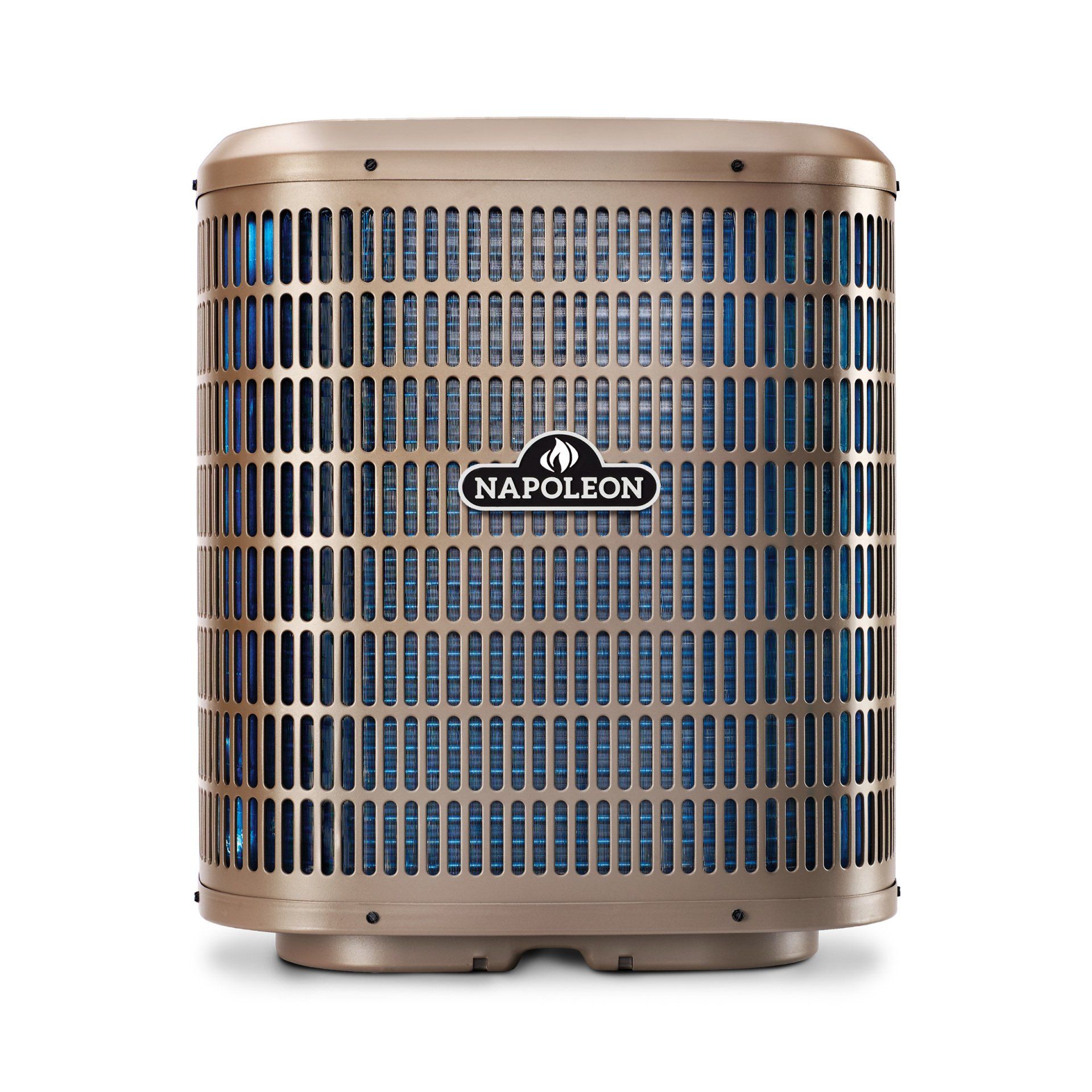 Napoleon air conditioner unit, tan metal with a grid pattern, logo in the center.