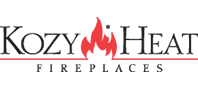 Kozy Heat Fireplaces logo with a red flame between the words.