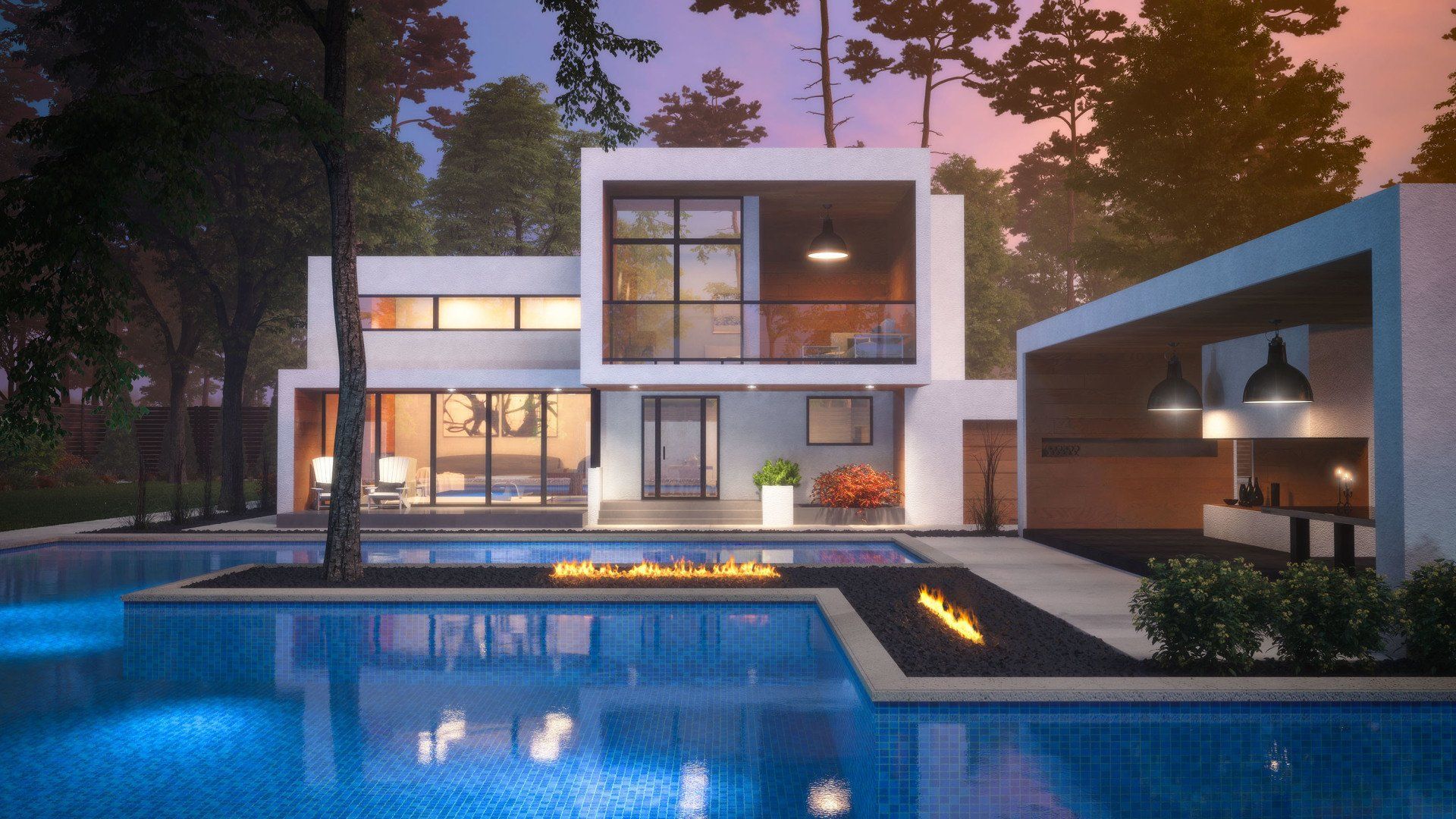 Modern white house with a pool, outdoor kitchen, and fire feature in a wooded setting.